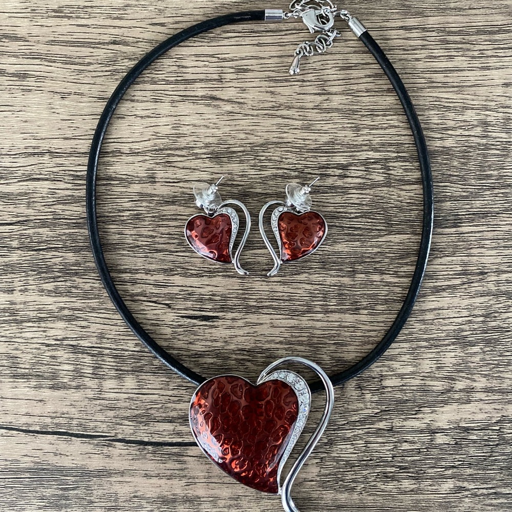 Red Heart with Crystals Necklace & Earrings